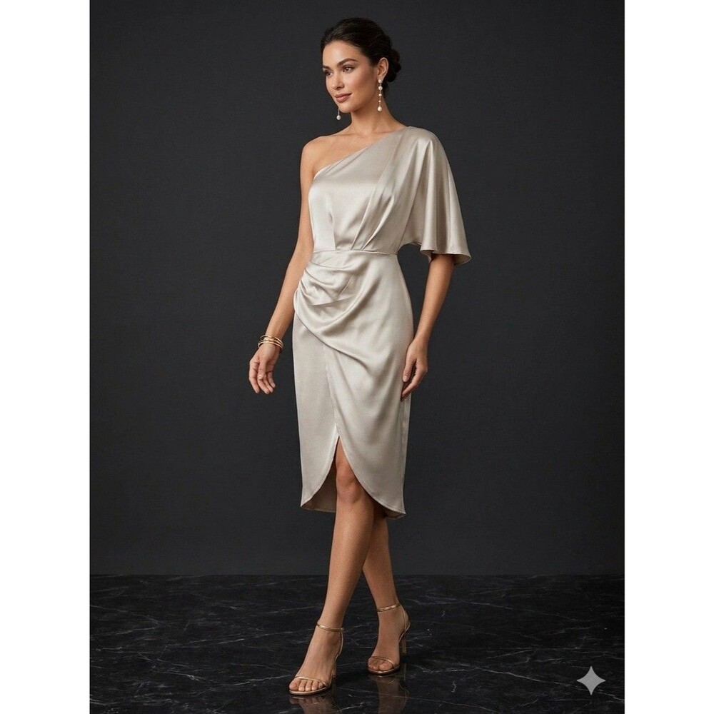 Cupshe One Shoulder Satin Dress S Champagne Beige Ruched Tulip Hem Midi Cocktail